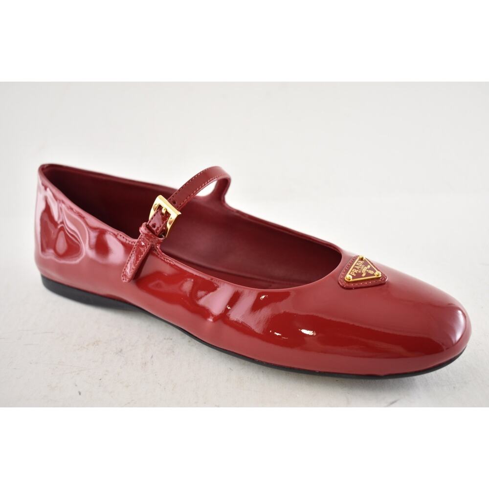 Prada Cherry Red Patent Gold Triangle Logo Mary Jane Ballerina Ballet Flat 38.5 - Picture 6 of 16